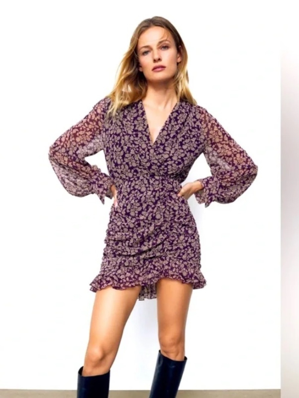 Zara Floral Wrap/Ruching Mini Dress Size Small